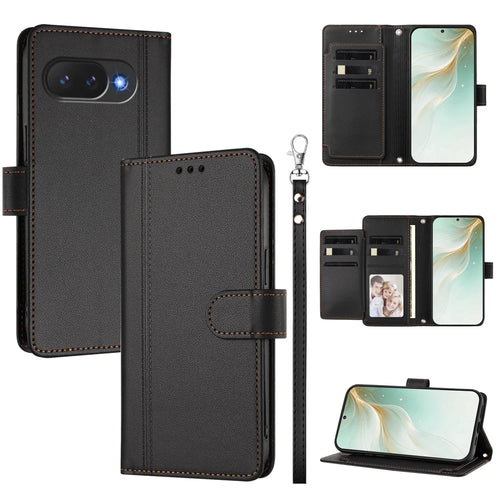 For Google Pixel 10a Case 9 Card Slots PU Leather Flip Wallet Phone Cover with Hand Strap - Black - 1