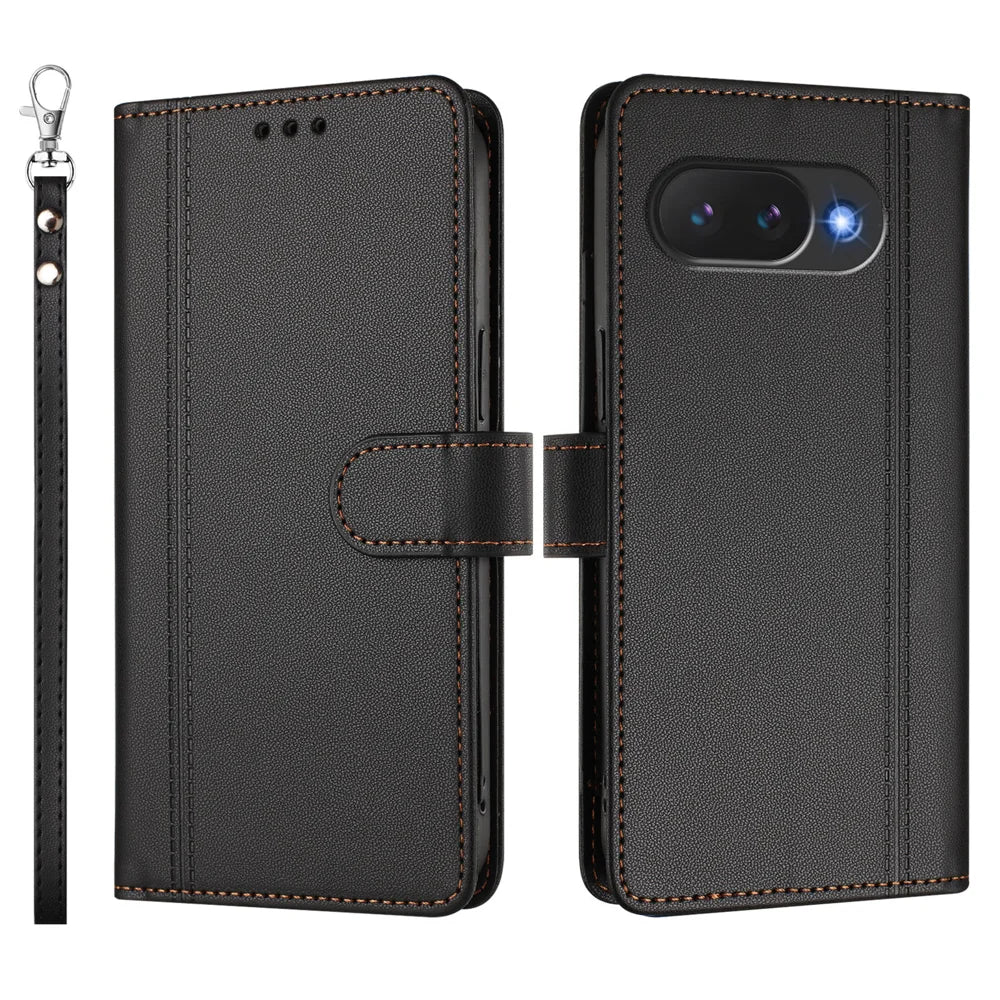 For Google Pixel 10a Case 9 Card Slots PU Leather Flip Wallet Phone Cover with Hand Strap - Black - 2