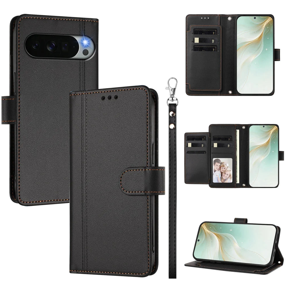 For Google Pixel 11 Pro XL Case 9 Card Slots PU Leather Flip Wallet Phone Cover with Hand Strap - Black - 1