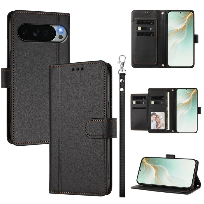 For Google Pixel 11 Pro XL Case 9 Card Slots PU Leather Flip Wallet Phone Cover with Hand Strap - Black - 1