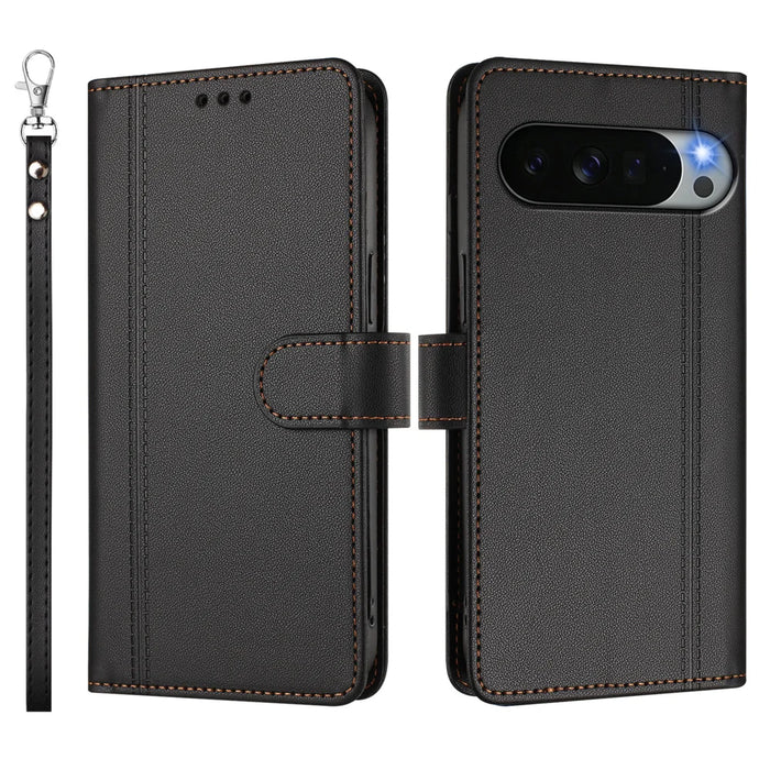 For Google Pixel 11 Pro XL Case 9 Card Slots PU Leather Flip Wallet Phone Cover with Hand Strap - Black - 2