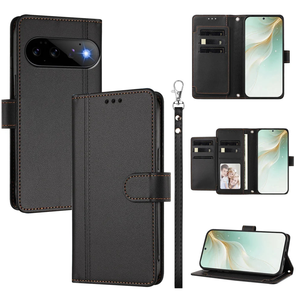 For Google Pixel 11 Pro / Google Pixel 11 Case 9 Card Slots PU Leather Flip Wallet Phone Cover with Hand Strap - Black - 1