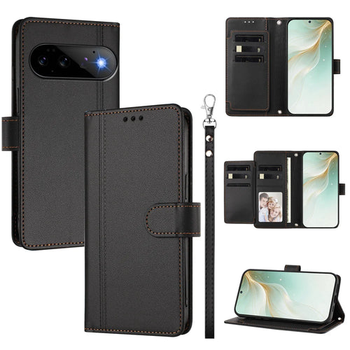 For Google Pixel 11 Pro / Google Pixel 11 Case 9 Card Slots PU Leather Flip Wallet Phone Cover with Hand Strap - Black - 1