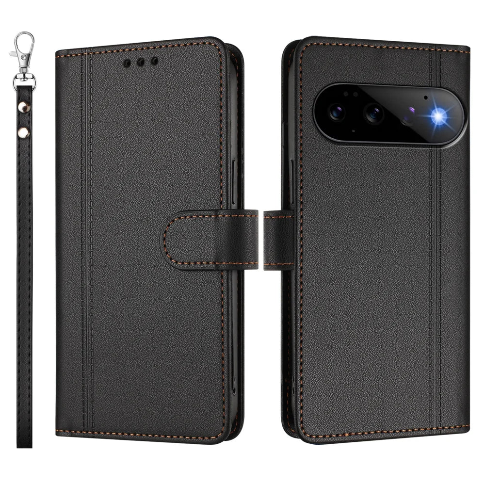 For Google Pixel 11 Pro / Google Pixel 11 Case 9 Card Slots PU Leather Flip Wallet Phone Cover with Hand Strap - Black - 2