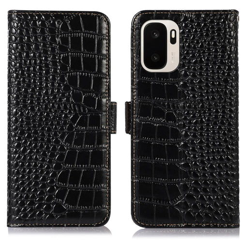 For OnePlus Ace 6 Ultra 5G Case RFID Blocking Wallet Crocodile Texture Genuine Cow Leather Phone Cover - Black - 1