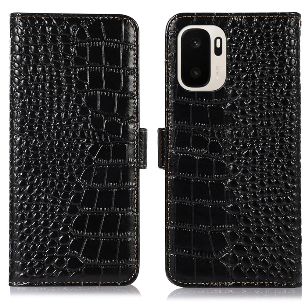 For OnePlus Ace 6 Ultra 5G Case RFID Blocking Wallet Crocodile Texture Genuine Cow Leather Phone Cover - Black - 1