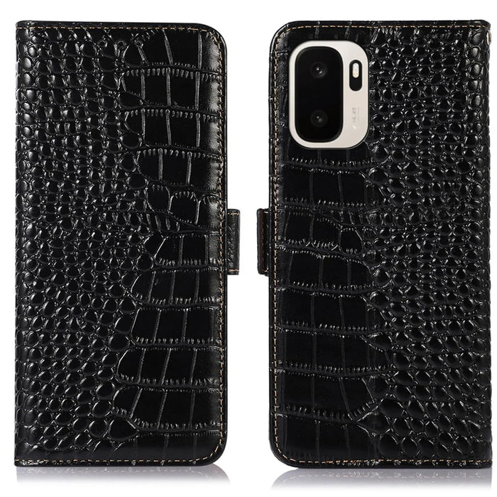 For OnePlus Ace 6 Ultra 5G Case RFID Blocking Wallet Crocodile Texture Genuine Cow Leather Phone Cover - Black - 1