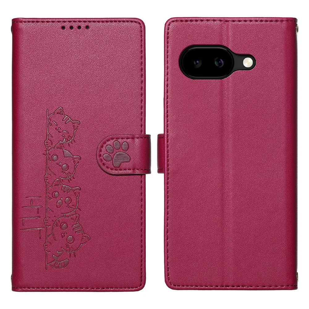For Google Pixel 10a Case Adorable Cat Pattern PU Leather Wallet Phone Cover with Wrist Strap - Rose - 1
