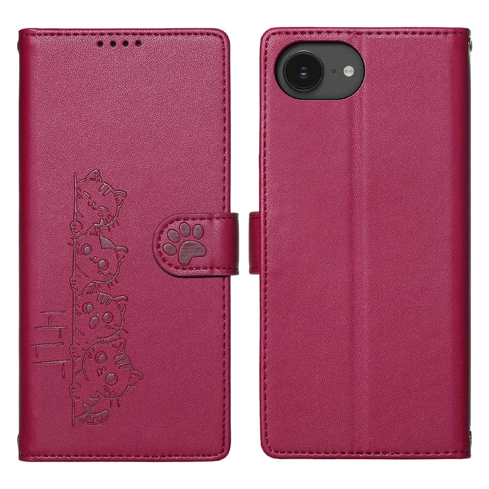 For iPhone 17e / 16e Case Adorable Cat Pattern PU Leather Wallet Phone Cover with Wrist Strap - Rose - 1