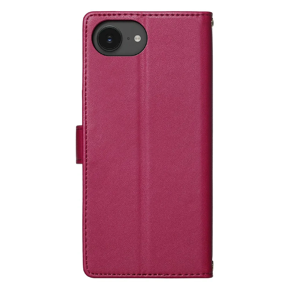 For iPhone 17e / 16e Case Adorable Cat Pattern PU Leather Wallet Phone Cover with Wrist Strap - Rose - 7