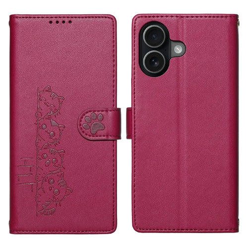 For iPhone 17 Case Adorable Cat Pattern PU Leather Wallet Phone Cover with Wrist Strap - Rose - 1