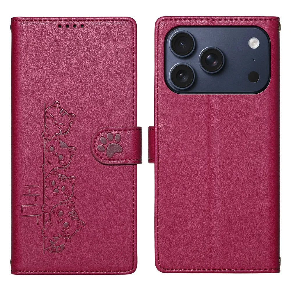 For iPhone 18 Pro / 17 Pro Case Adorable Cat Pattern PU Leather Wallet Phone Cover with Wrist Strap - Rose - 1
