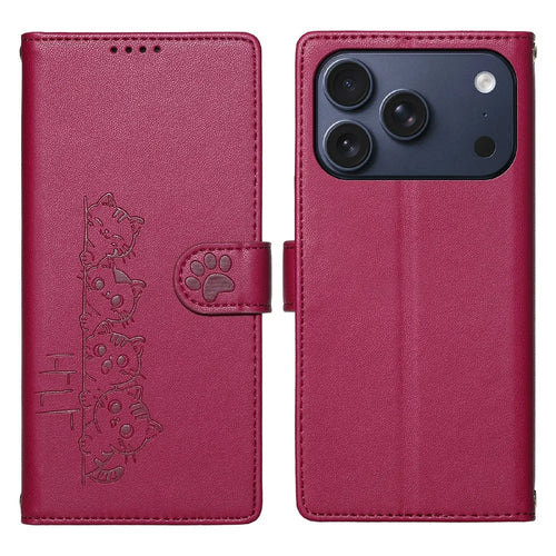 For iPhone 18 Pro / 17 Pro Case Adorable Cat Pattern PU Leather Wallet Phone Cover with Wrist Strap - Rose - 1