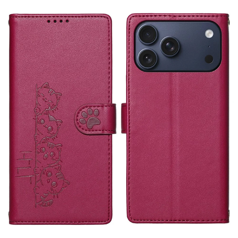 For iPhone 18 Pro Max / 17 Pro Max Case Adorable Cat Pattern PU Leather Wallet Phone Cover with Wrist Strap - Rose - 1