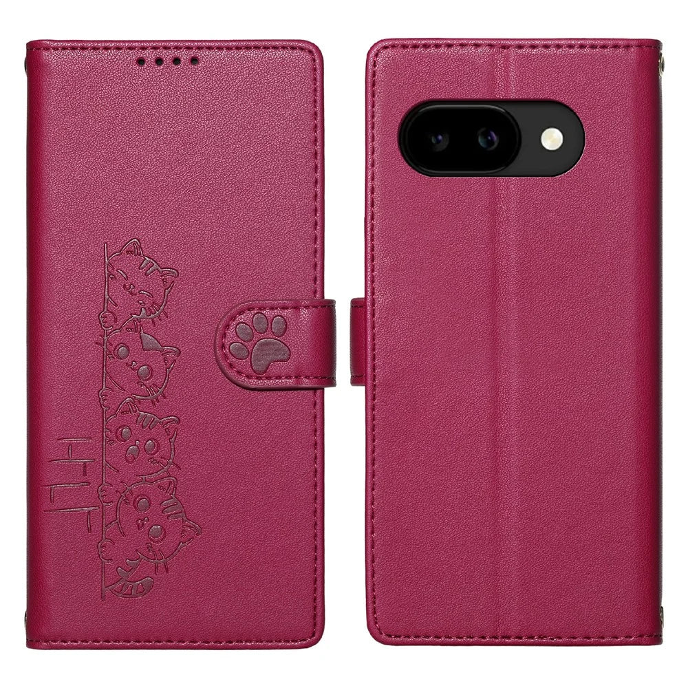 For Google Pixel 9a Case Adorable Cat Pattern PU Leather Wallet Phone Cover with Wrist Strap - Rose - 1