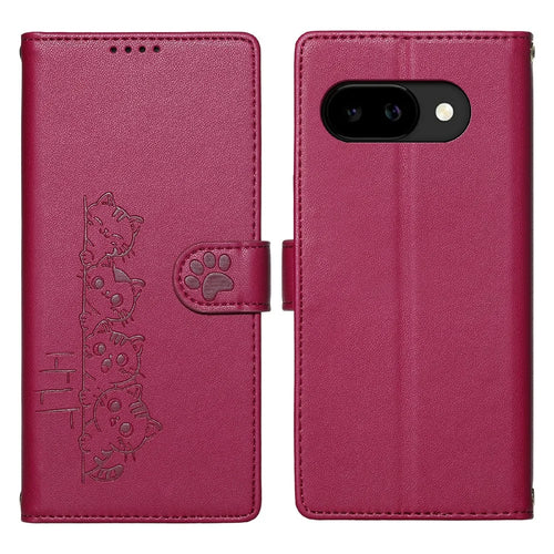 For Google Pixel 9a Case Adorable Cat Pattern PU Leather Wallet Phone Cover with Wrist Strap - Rose - 1