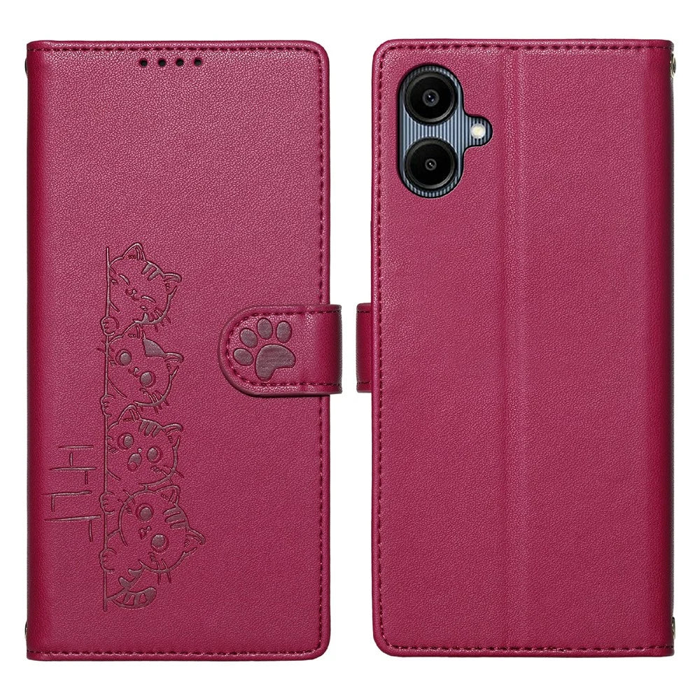 For Samsung Galaxy A06 4G Case Adorable Cat Pattern PU Leather Wallet Phone Cover with Wrist Strap - Rose - 1