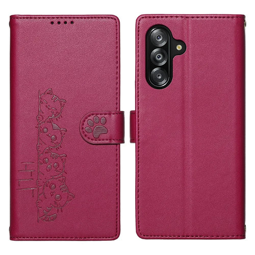 For Samsung Galaxy A26 5G Case Adorable Cat Pattern PU Leather Wallet Phone Cover with Wrist Strap - Rose - 1