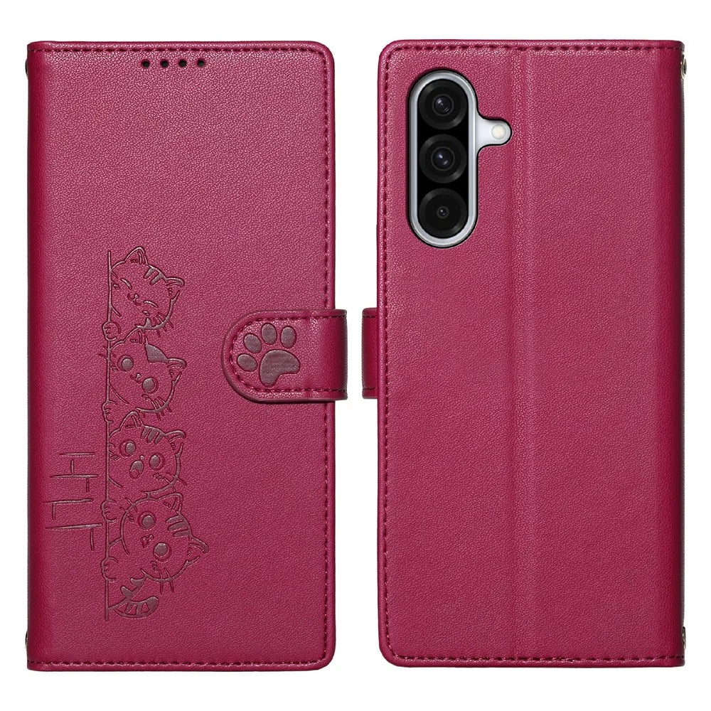 For Samsung Galaxy A36 5G Case Adorable Cat Pattern PU Leather Wallet Phone Cover with Wrist Strap - Rose - 1