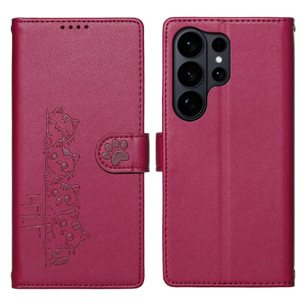 For Samsung Galaxy S26 Ultra Case Adorable Cat Pattern PU Leather Wallet Phone Cover with Wrist Strap - Rose - 1