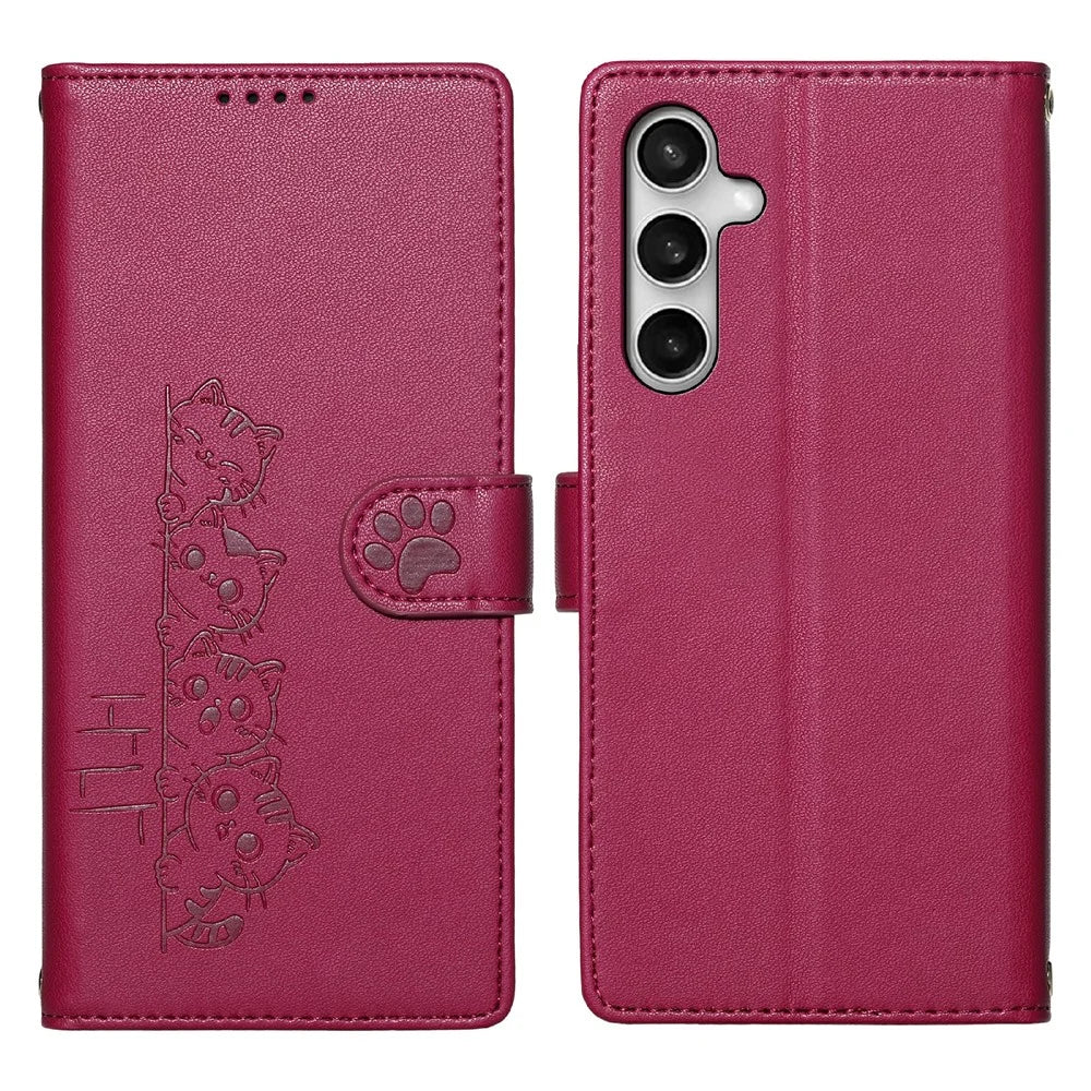For Samsung Galaxy S25 FE Case Adorable Cat Pattern PU Leather Wallet Phone Cover with Wrist Strap - Rose - 1
