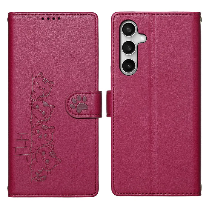 For Samsung Galaxy S25 FE Case Adorable Cat Pattern PU Leather Wallet Phone Cover with Wrist Strap - Rose - 1