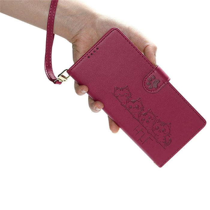 For Samsung Galaxy S25 FE Case Adorable Cat Pattern PU Leather Wallet Phone Cover with Wrist Strap - Rose - 5