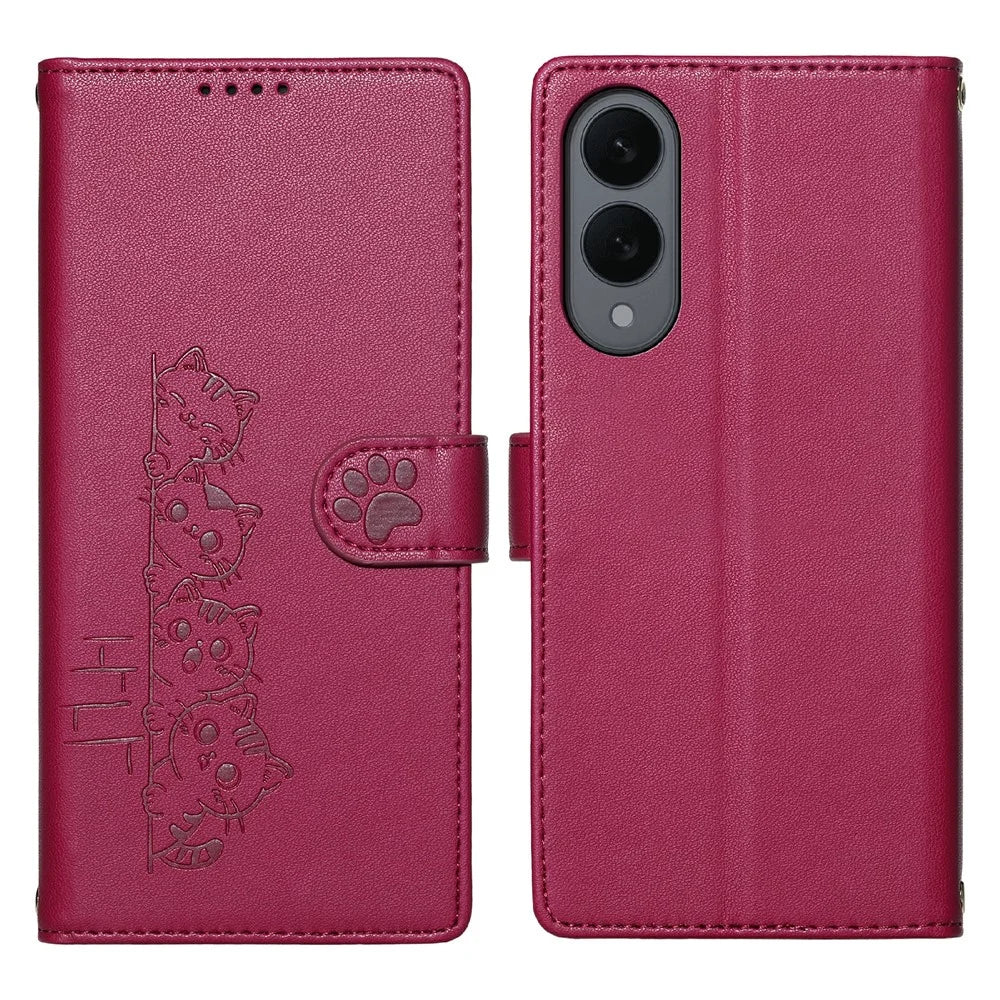 For Samsung Galaxy S25 Edge Case Adorable Cat Pattern PU Leather Wallet Phone Cover with Wrist Strap - Rose - 1