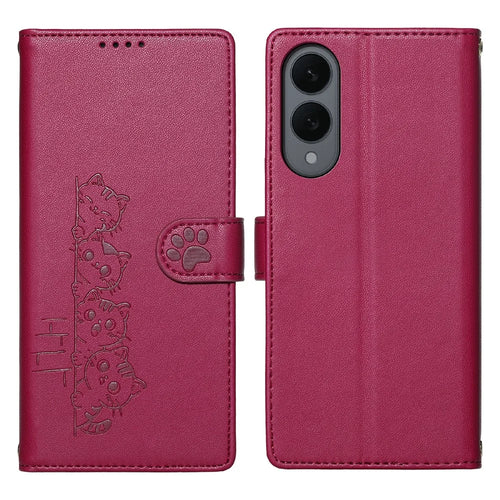 For Samsung Galaxy S25 Edge Case Adorable Cat Pattern PU Leather Wallet Phone Cover with Wrist Strap - Rose - 1