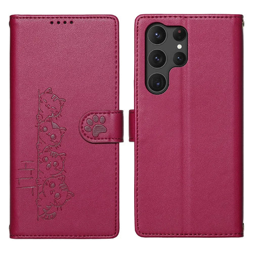 For Samsung Galaxy S25 Ultra Case Adorable Cat Pattern PU Leather Wallet Phone Cover with Wrist Strap - Rose - 1