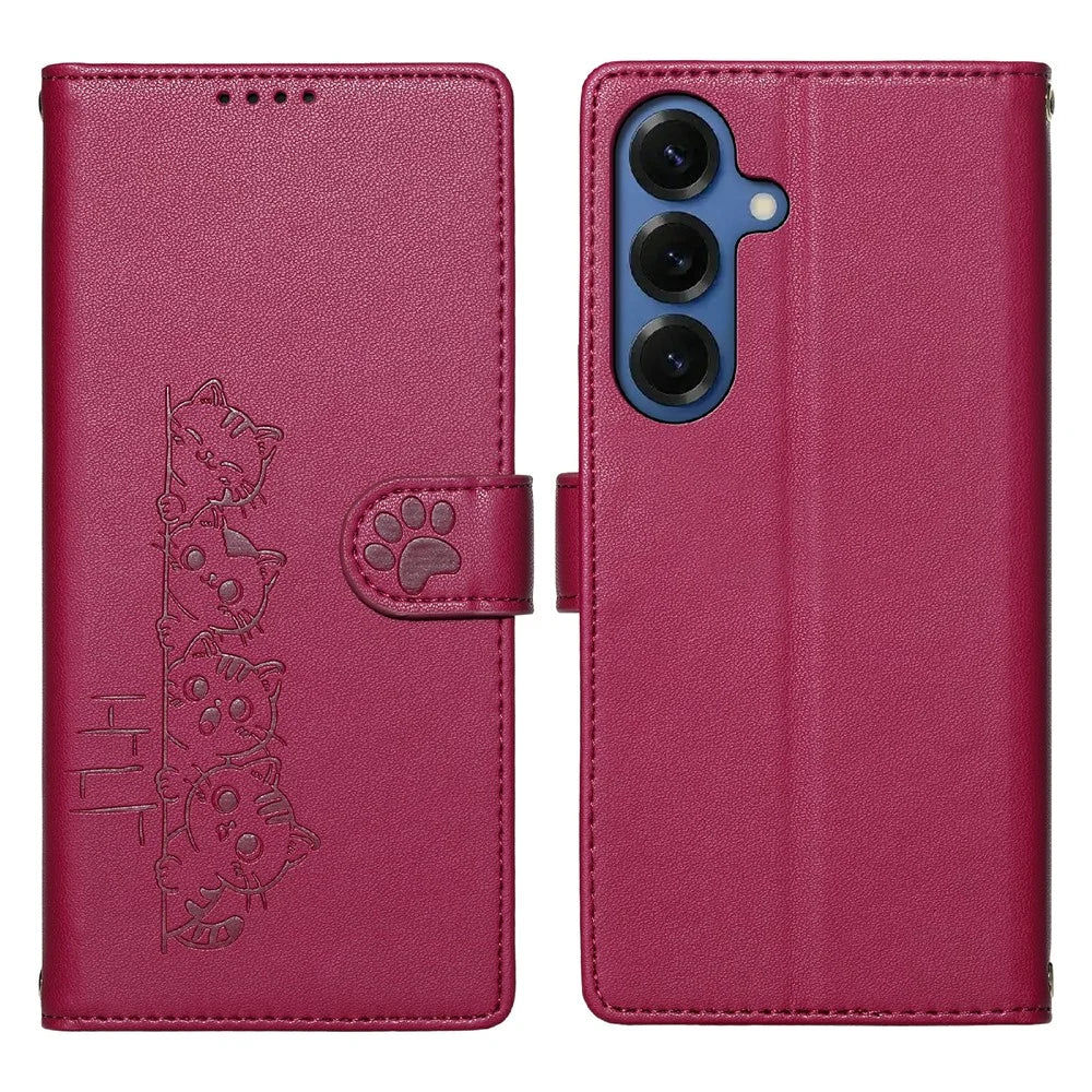 For Samsung Galaxy S25+ Case Adorable Cat Pattern PU Leather Wallet Phone Cover with Wrist Strap - Rose - 1