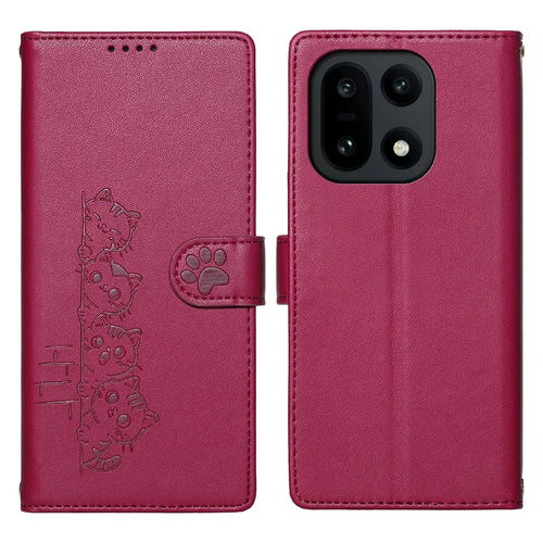 For OnePlus 15 5G Case Adorable Cat Pattern PU Leather Wallet Phone Cover with Wrist Strap - Rose - 1