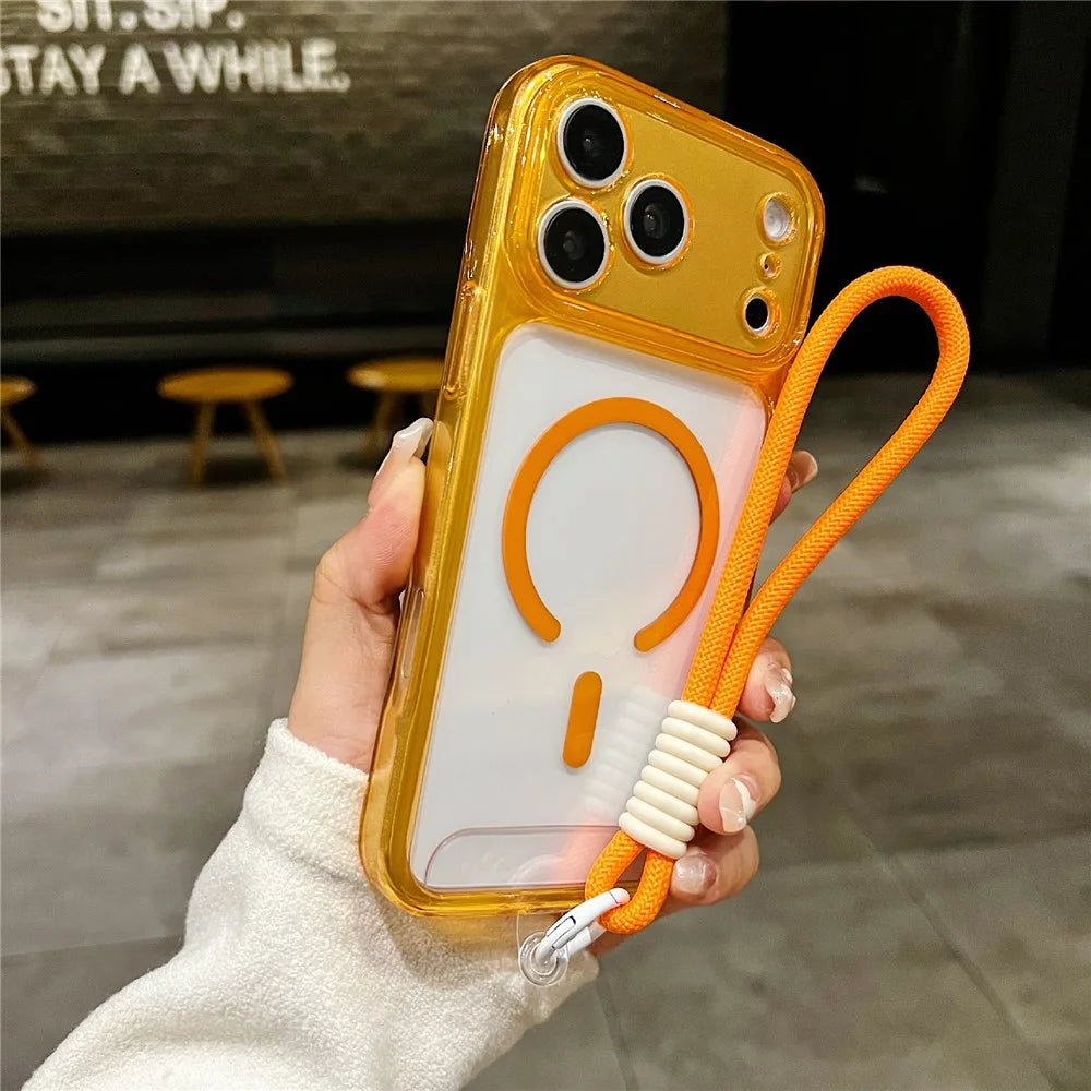 For iPhone 18 Pro / 17 Pro Magnetic Case PC + TPU Transparent Phone Cover with Wrist Strap - Orange - 1