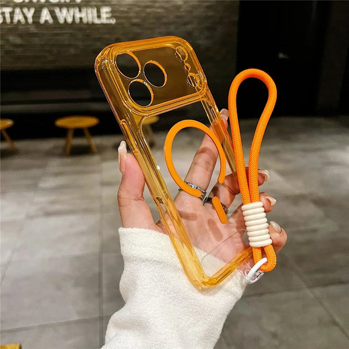 For iPhone 18 Pro / 17 Pro Magnetic Case PC + TPU Transparent Phone Cover with Wrist Strap - Orange - 2