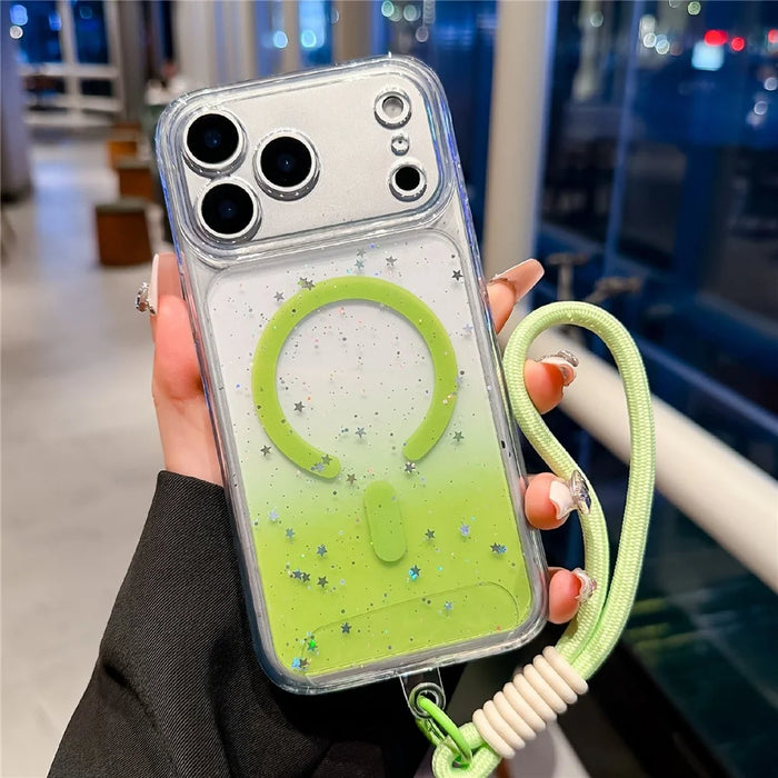 For iPhone 18 Pro Max / 17 Pro Max Magnetic Case Star Glitter PC + TPU Shockproof Phone Cover with Wrist Strap - Green - 1
