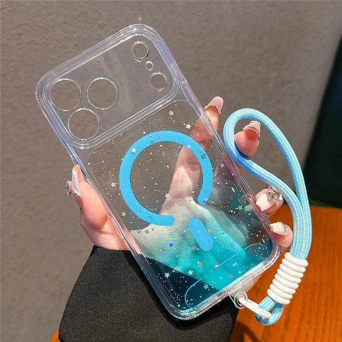 For iPhone 18 Pro Max / 17 Pro Max Magnetic Case Star Glitter PC + TPU Shockproof Phone Cover with Wrist Strap - Green - 4
