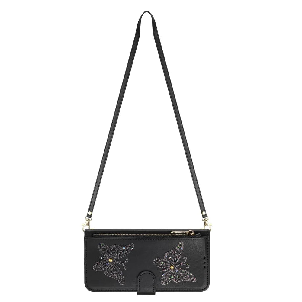 For iPhone 17 Case Glitter Butterfly Zipper Pocket Stand Leather Phone Cover with Hand Strap  /  Shoulder Strap - Black - 4