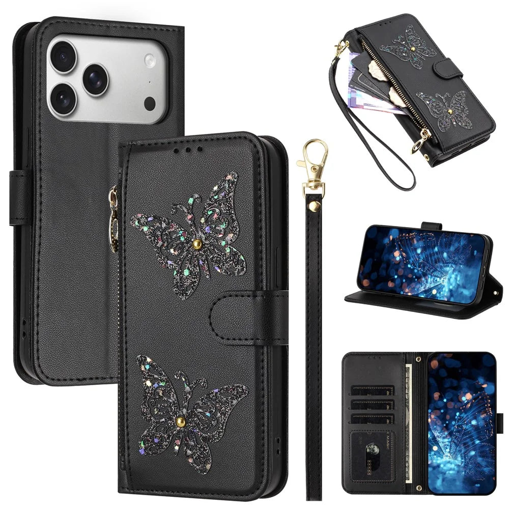 For iPhone 17 Pro Case Glitter Butterfly Zipper Pocket Stand Leather Phone Cover with Hand Strap  /  Shoulder Strap - Black - 1