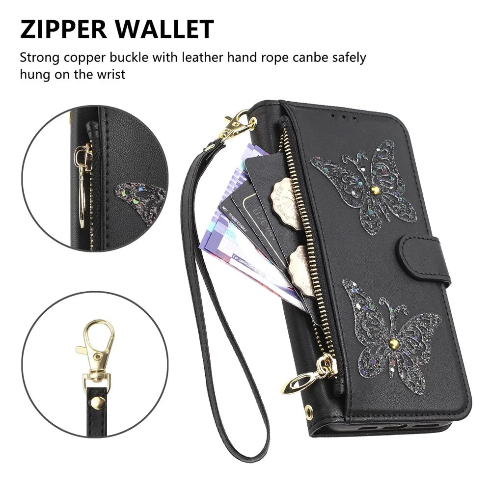 For iPhone 17 Pro Case Glitter Butterfly Zipper Pocket Stand Leather Phone Cover with Hand Strap  /  Shoulder Strap - Black - 5