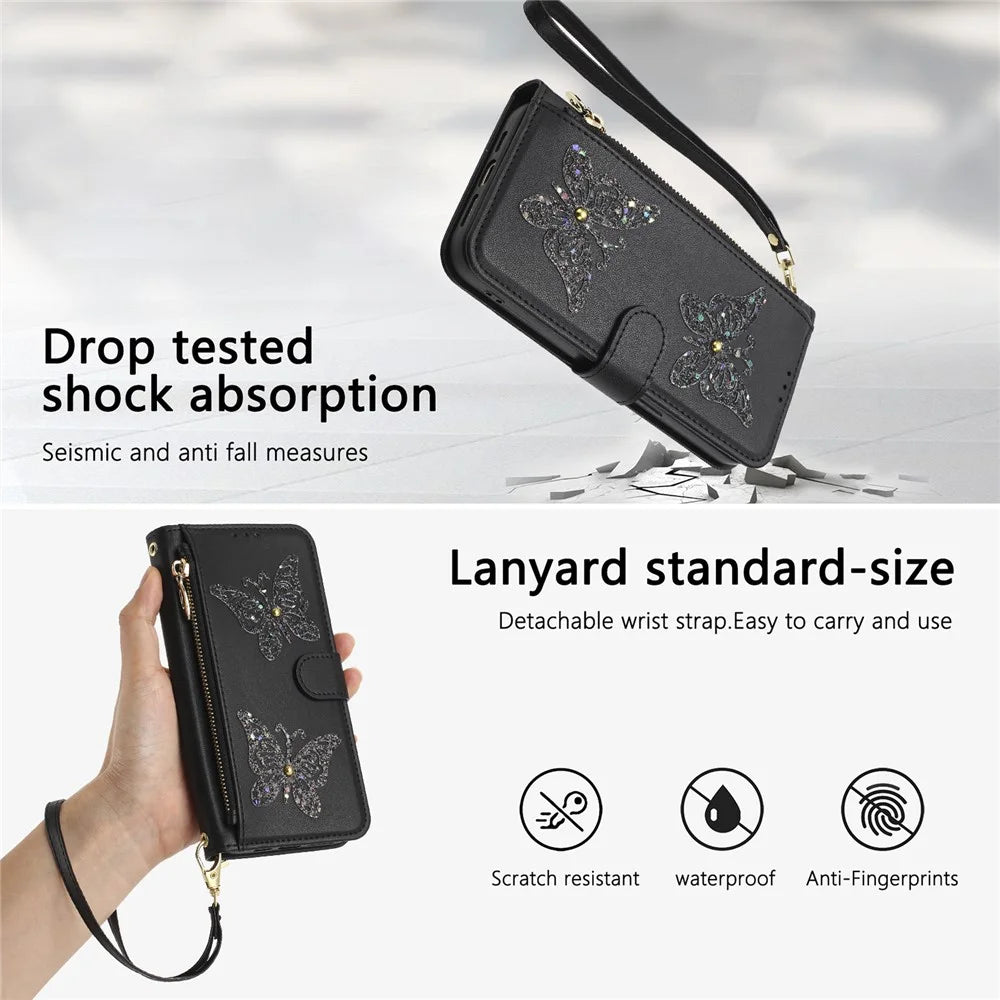 For iPhone 17 Pro Case Glitter Butterfly Zipper Pocket Stand Leather Phone Cover with Hand Strap  /  Shoulder Strap - Black - 6