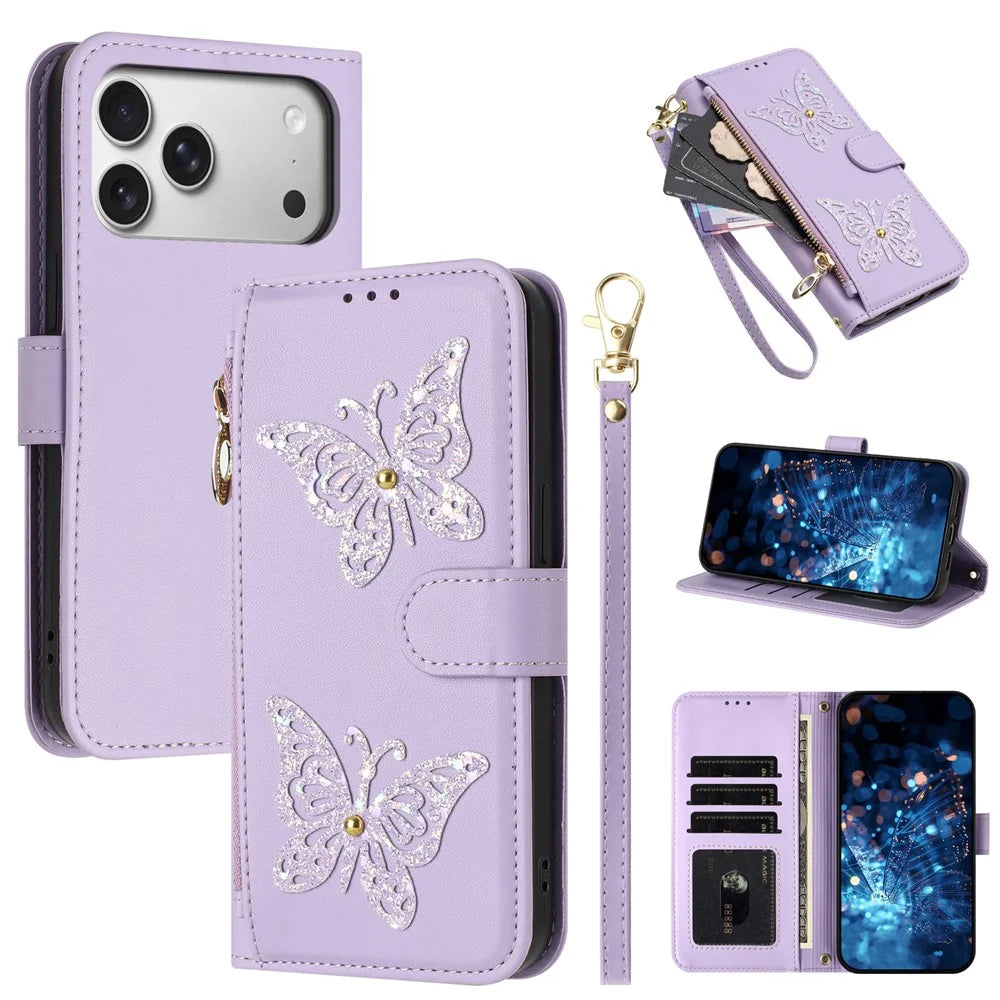For iPhone 17 Pro Max Case Glitter Butterfly Zipper Pocket Stand Leather Phone Cover with Hand Strap / Shoulder Strap - Light Purple - 1