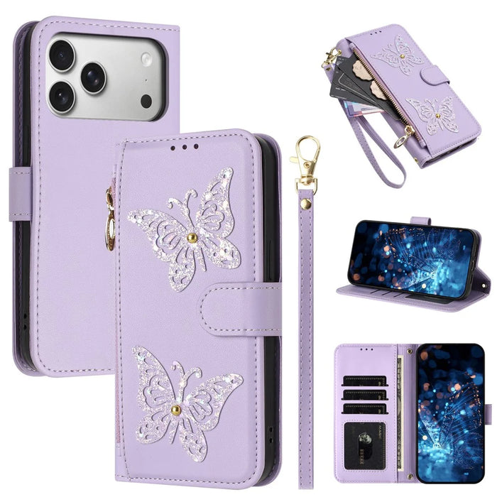For iPhone 17 Pro Max Case Glitter Butterfly Zipper Pocket Stand Leather Phone Cover with Hand Strap / Shoulder Strap - Light Purple - 1