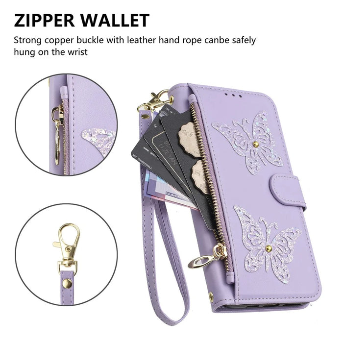For iPhone 17 Pro Max Case Glitter Butterfly Zipper Pocket Stand Leather Phone Cover with Hand Strap / Shoulder Strap - Light Purple - 5