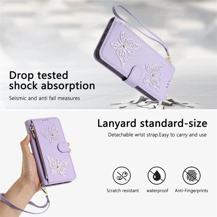 For iPhone 17 Pro Max Case Glitter Butterfly Zipper Pocket Stand Leather Phone Cover with Hand Strap / Shoulder Strap - Light Purple - 6
