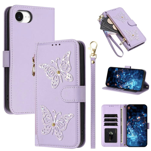 For iPhone 17e  /  16e Case Glitter Butterfly Zipper Pocket Stand Leather Phone Cover with Hand Strap / Shoulder Strap - Light Purple - 1