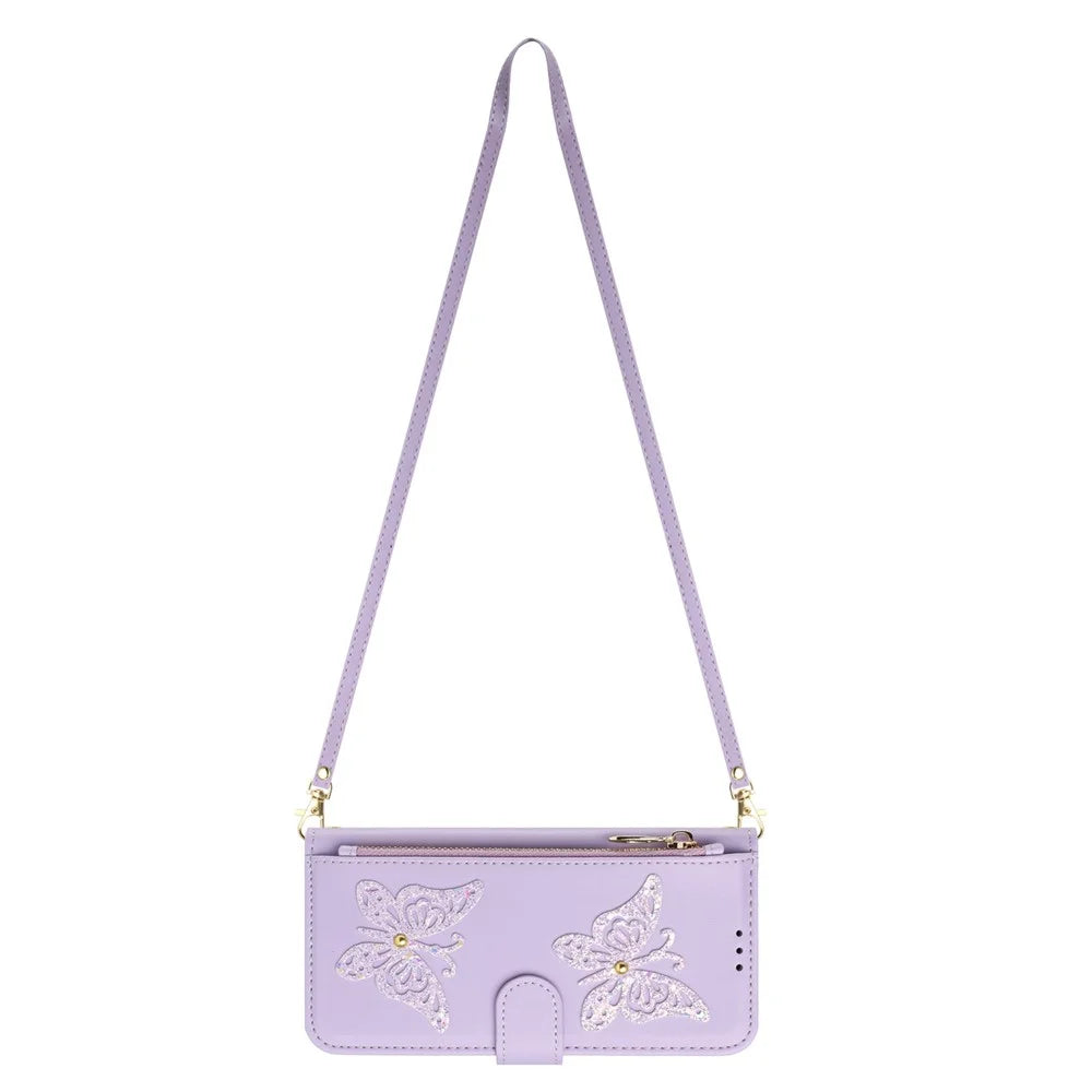 For iPhone 17e  /  16e Case Glitter Butterfly Zipper Pocket Stand Leather Phone Cover with Hand Strap / Shoulder Strap - Light Purple - 4