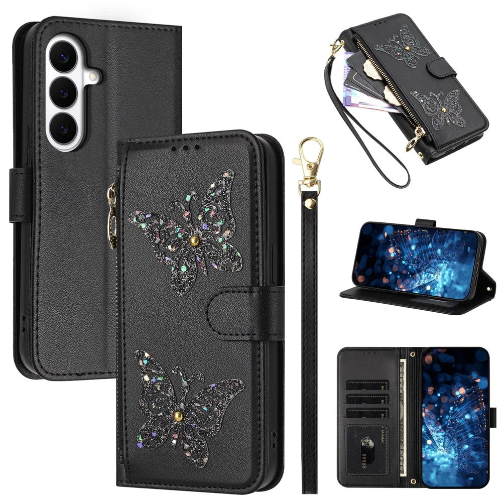 For Samsung Galaxy S26 Case Glitter Butterfly Zipper Pocket Stand Leather Phone Cover with Hand Strap / Shoulder Strap - Black - 1