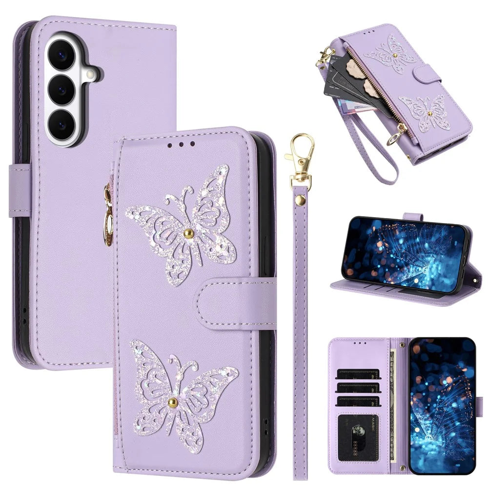 For Samsung Galaxy S26+ Case Glitter Butterfly Zipper Pocket Stand Leather Phone Cover with Hand Strap / Shoulder Strap - Light Purple - 1