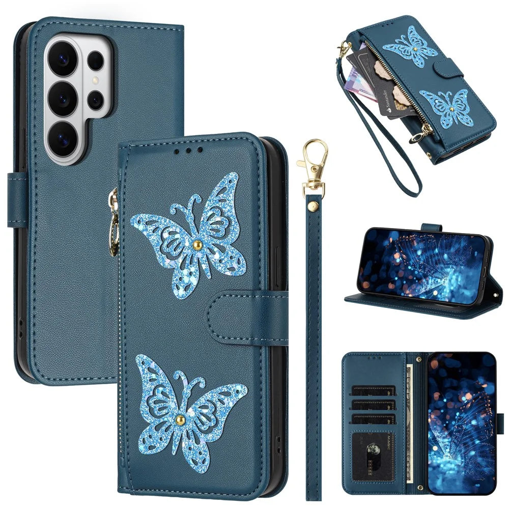 For Samsung Galaxy S26 Ultra Case Glitter Butterfly Zipper Pocket Stand Leather Phone Cover with Hand Strap / Shoulder Strap - Blue - 1