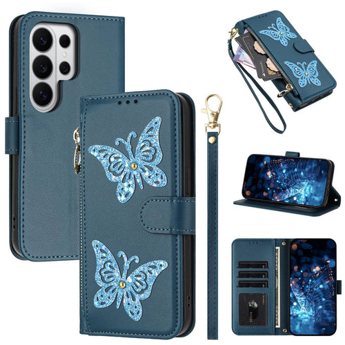 For Samsung Galaxy S26 Ultra Case Glitter Butterfly Zipper Pocket Stand Leather Phone Cover with Hand Strap / Shoulder Strap - Blue - 1